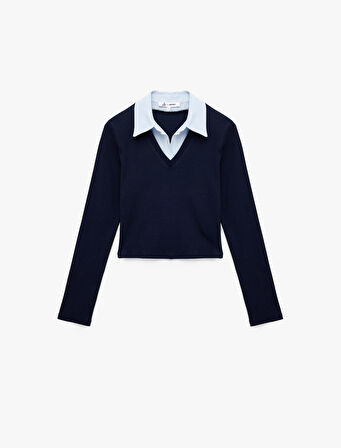 Uzun Kollu Gömlek Yaka Slim Fit Pamuklu Tişört
