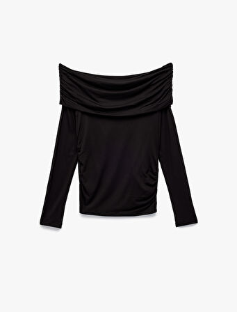 Slim Fit Omzu Açık Drapeli Uzun Kollu Viskon Tişört