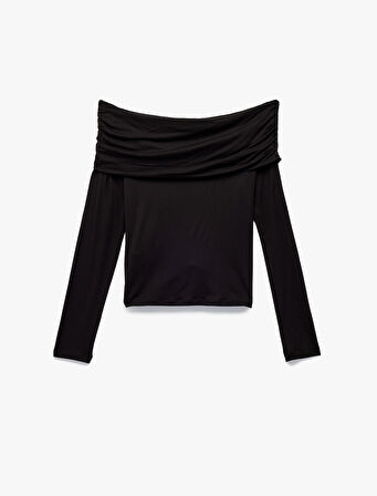 Slim Fit Omzu Açık Drapeli Uzun Kollu Viskon Tişört