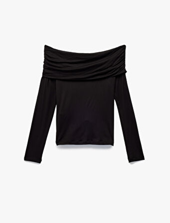 Slim Fit Omzu Açık Drapeli Uzun Kollu Viskon Tişört