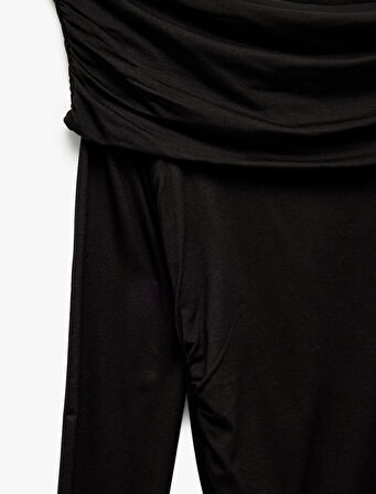 Slim Fit Omzu Açık Drapeli Uzun Kollu Viskon Tişört