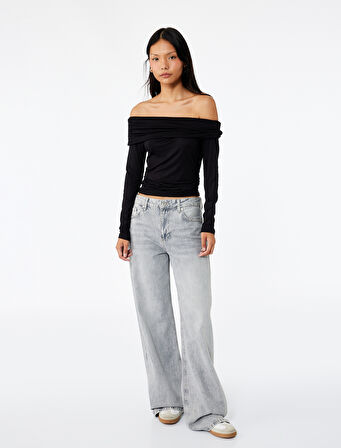 Slim Fit Omzu Açık Drapeli Uzun Kollu Viskon Tişört