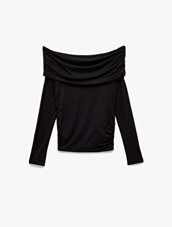 Slim Fit Omzu Açık Drapeli Uzun Kollu Viskon Tişört