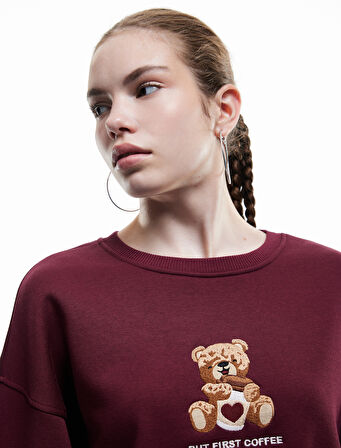 Üç İplik Şardonlu Bisiklet Yaka Ayıcık Nakışlı Oversize Sweatshirt