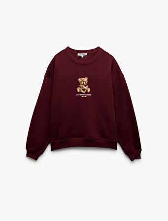 Üç İplik Şardonlu Bisiklet Yaka Ayıcık Nakışlı Oversize Sweatshirt