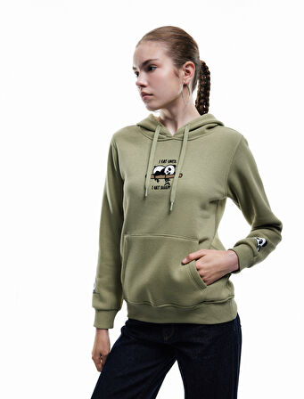 Panda Baskılı Şardonlu Kanguru Cepli Kapüşonlu Sweatshirt