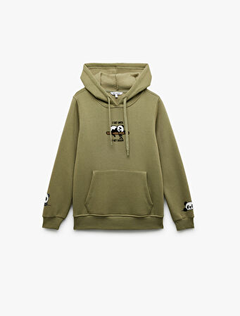 Panda Baskılı Şardonlu Kanguru Cepli Kapüşonlu Sweatshirt