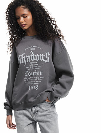 Üç İplik Şardonlu Bisiklet Yaka Baskılı Oversize Sweatshirt