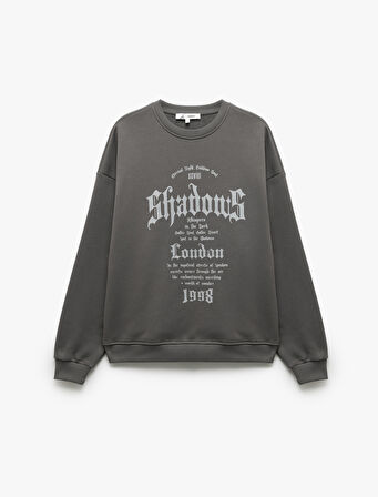 Üç İplik Şardonlu Bisiklet Yaka Baskılı Oversize Sweatshirt