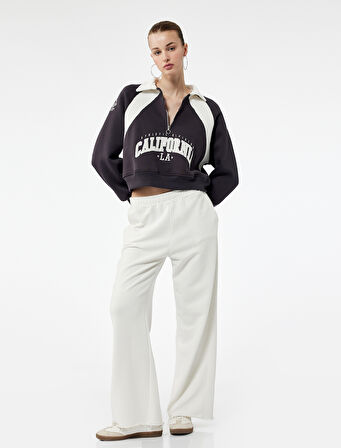 Şardonlu İşlemeli Yarım Fermuarlı Yaka Oversize Crop Sweatshirt