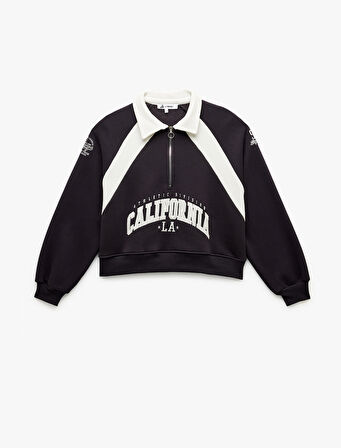 Şardonlu İşlemeli Yarım Fermuarlı Yaka Oversize Crop Sweatshirt