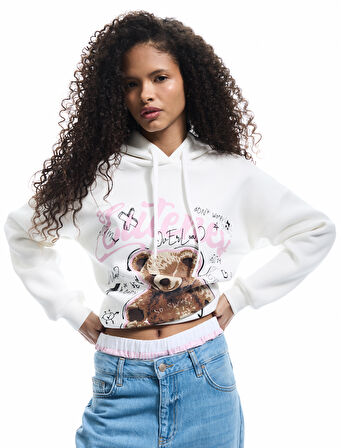 Şardonlu Uzun Kollu Kapüşonlu Baskılı Oversize Sweatshirt