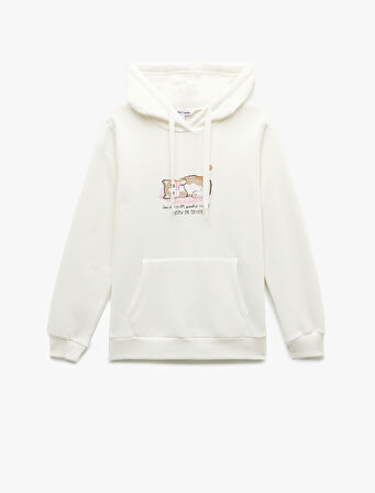 Üç İplik Şardonlu Kanguru Cep Detaylı Kedi Baskılı Kapüşonlu Sweatshirt