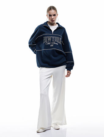 Oversize Uzun Kollu Fermuarlı Yaka Şardonlu Sweatshirt