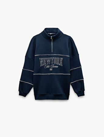 Oversize Uzun Kollu Fermuarlı Yaka Şardonlu Sweatshirt