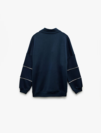 Oversize Uzun Kollu Fermuarlı Yaka Şardonlu Sweatshirt