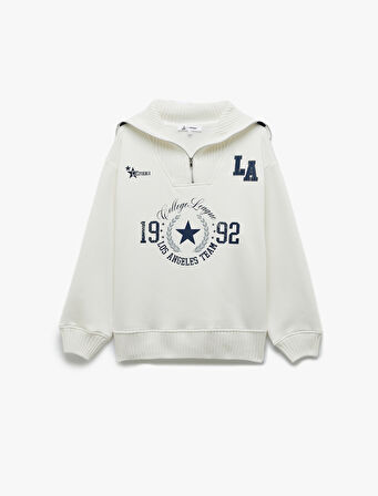 Şardonlu Yarım Fermuarlı Geniş Yaka Kolej Temalı Baskılı Sweatshirt