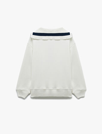 Şardonlu Yarım Fermuarlı Geniş Yaka Kolej Temalı Baskılı Sweatshirt