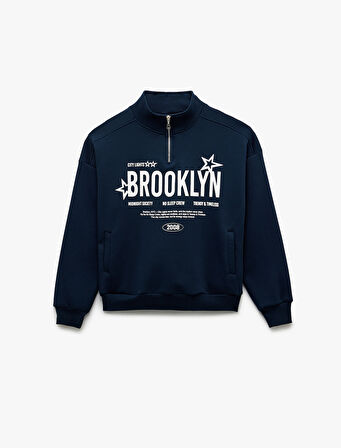 Şardonlu Uzun Kollu Baskılı Yarım Fermuarlı Oversize Sweatshirt