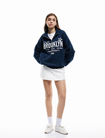 Şardonlu Uzun Kollu Baskılı Yarım Fermuarlı Oversize Sweatshirt
