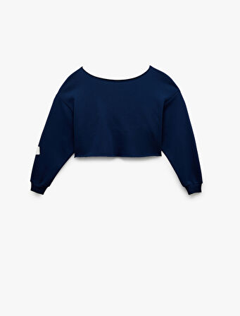Üç İplik Şardonlu Uzun Kollu Kayık Yaka Baskılı Crop Sweatshirt