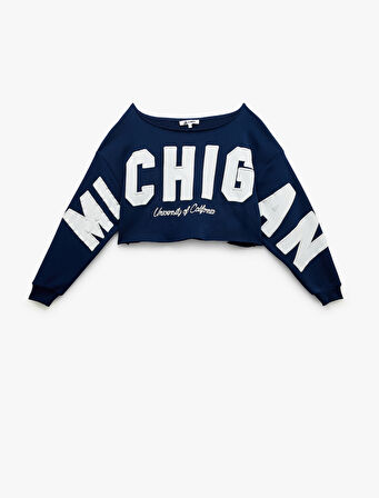 Üç İplik Şardonlu Uzun Kollu Kayık Yaka Baskılı Crop Sweatshirt