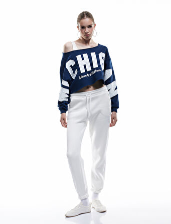 Üç İplik Şardonlu Uzun Kollu Kayık Yaka Baskılı Crop Sweatshirt