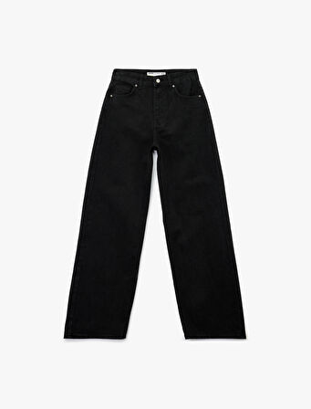 Yüksek Bel Pamuklu Düğmeli Geniş Paça Jean Pantolon -  Wide Leg Jeans