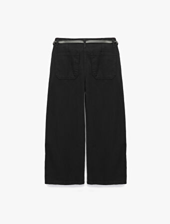 Pamuklu Geniş Paça Kemerli Crop Pantolon - Wide Leg Jeans