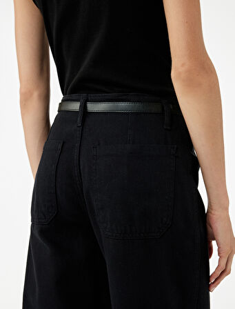 Pamuklu Geniş Paça Kemerli Crop Pantolon - Wide Leg Jeans