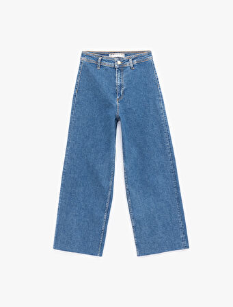 Yüksek Bel Rahat Kesim Geniş Paça Pamuklu Jean Pantolon - Culotte Jeans