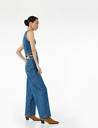 Yüksek Bel Rahat Kesim Geniş Paça Pamuklu Jean Pantolon - Culotte Jeans