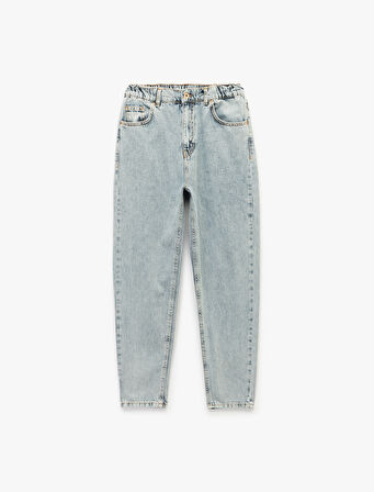 Yüksek Bel Düğmeli Cepli Düz Paça Mom Fit Jean Pantolon - Mom Slim Jean