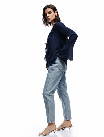 Yüksek Bel Düğmeli Cepli Düz Paça Mom Fit Jean Pantolon - Mom Slim Jean