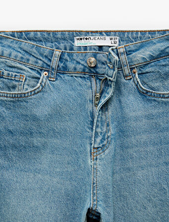 Pamuklu Düz Paça Cepli Düğmeli Jean Pantolon - Straight Jeans