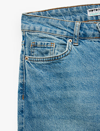 Pamuklu Düz Paça Cepli Düğmeli Jean Pantolon - Straight Jeans