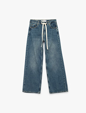 Standart Bel Regular Fit Geniş Paça Bağcıklı Jean Pantolon - Wide Leg Jeans