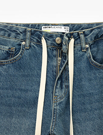 Standart Bel Regular Fit Geniş Paça Bağcıklı Jean Pantolon - Wide Leg Jeans