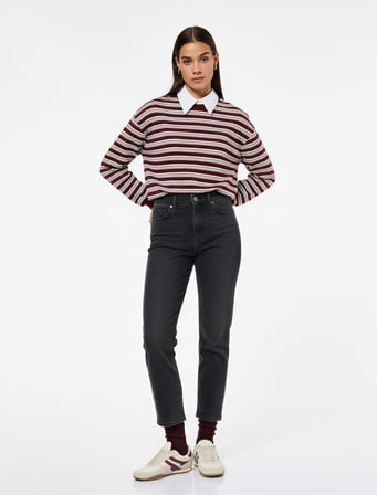 Düğmeli Cep Detaylı Pamuklu Slim Fit Mom Jean Pantolon - Mom Slim Jean