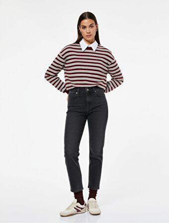 Düğmeli Cep Detaylı Pamuklu Slim Fit Mom Jean Pantolon - Mom Slim Jean