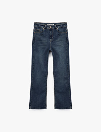 Düğmeli Cepli Dar Kalıp Pamuklu İspanyol Paça Crop Jean Pantolon -  Kick Flare Jeans