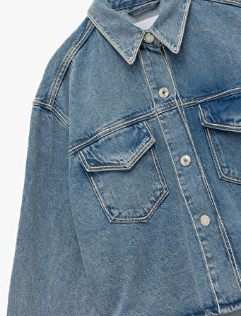 Klasik Yaka Uzun Kollu Pamuklu Düğmeli Cepli Taşlı Denim Ceket