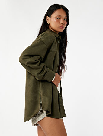 Klasik Yaka Cep Detaylı Oversize Düğmeli Süet Görünümlü Gömlek Ceket