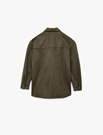 Klasik Yaka Cep Detaylı Oversize Düğmeli Süet Görünümlü Gömlek Ceket