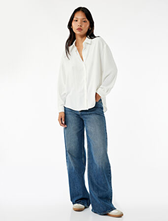 Aerobin Kumaş Düğmeli Klasik Yaka Uzun Kollu Oversize Gömlek