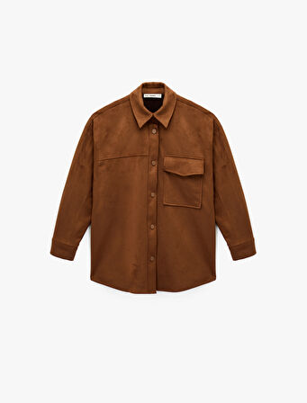 Uzun Kollu Klasik Yaka Çıtçıt Düğmeli Cepli Oversize Süet Görünümlü Ceket