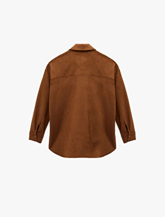 Uzun Kollu Klasik Yaka Çıtçıt Düğmeli Cepli Oversize Süet Görünümlü Ceket