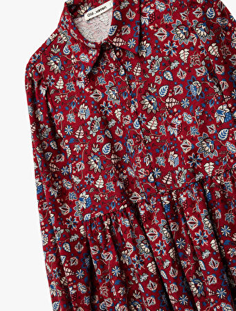 Rahat Kalıp Katlı Düğmeli Çiçekli Uzun Kollu Mini Gömlek Elbise