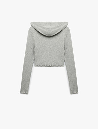 Kapüşonlu Fermuarlı Viskon Karışımlı Dar Kesim Uzun Kollu Crop Hırka