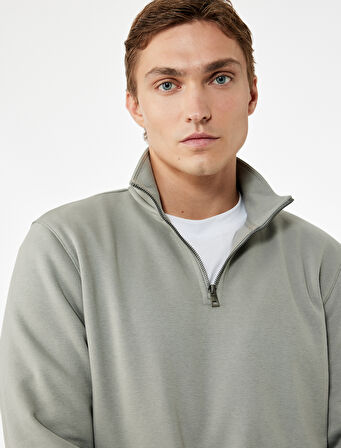 Uzun Kollu Şardonlu Basic Yarım Fermuarlı Sweatshirt